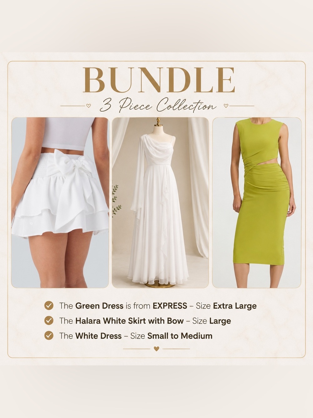 Bundle: Lime Green Cutout Dress + White Bow Skirt + White Draped Dress